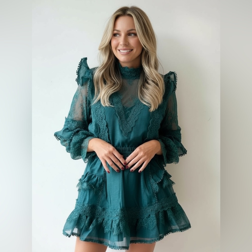 Elegant Teal Lace Skirt Set